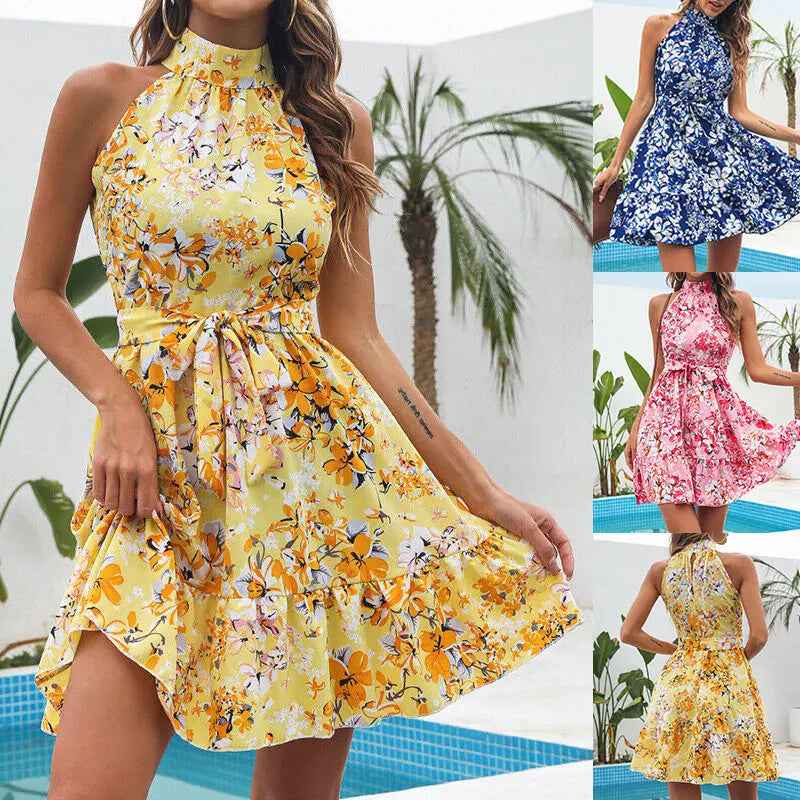 Flowers Print  Dress- Halterneck Summer Fashion Temperament Lace-up Ruffled Dresses For Women