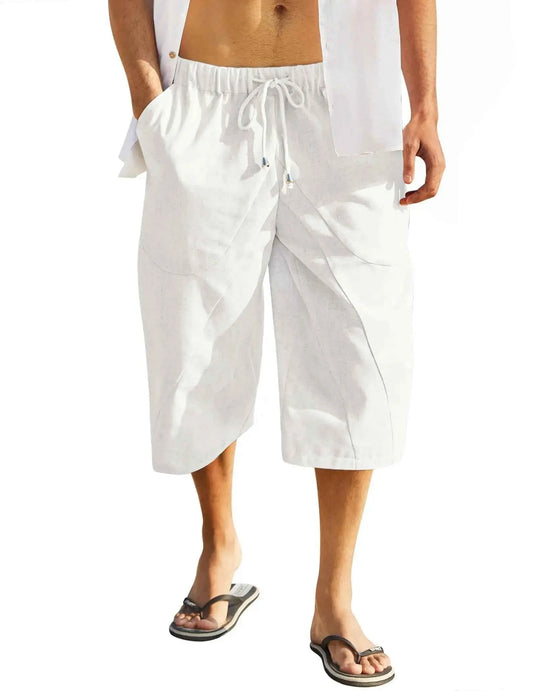 COOFANDY White Linen Pants for Men Casual Linen Capris Lightweight Elastic Baggy Capri Pants White S