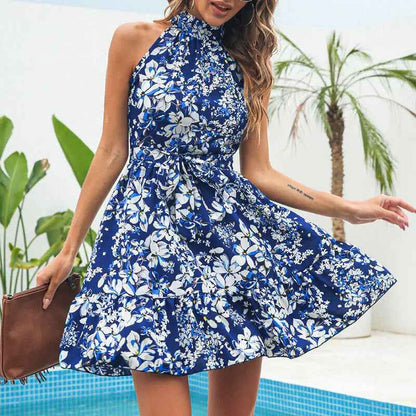 Flowers Print  Dress- Halterneck Summer Fashion Temperament Lace-up Ruffled Dresses For Women