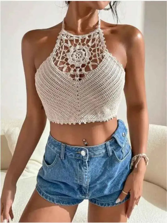 Embroidered Crop Top -Knit Halterneck  Vest