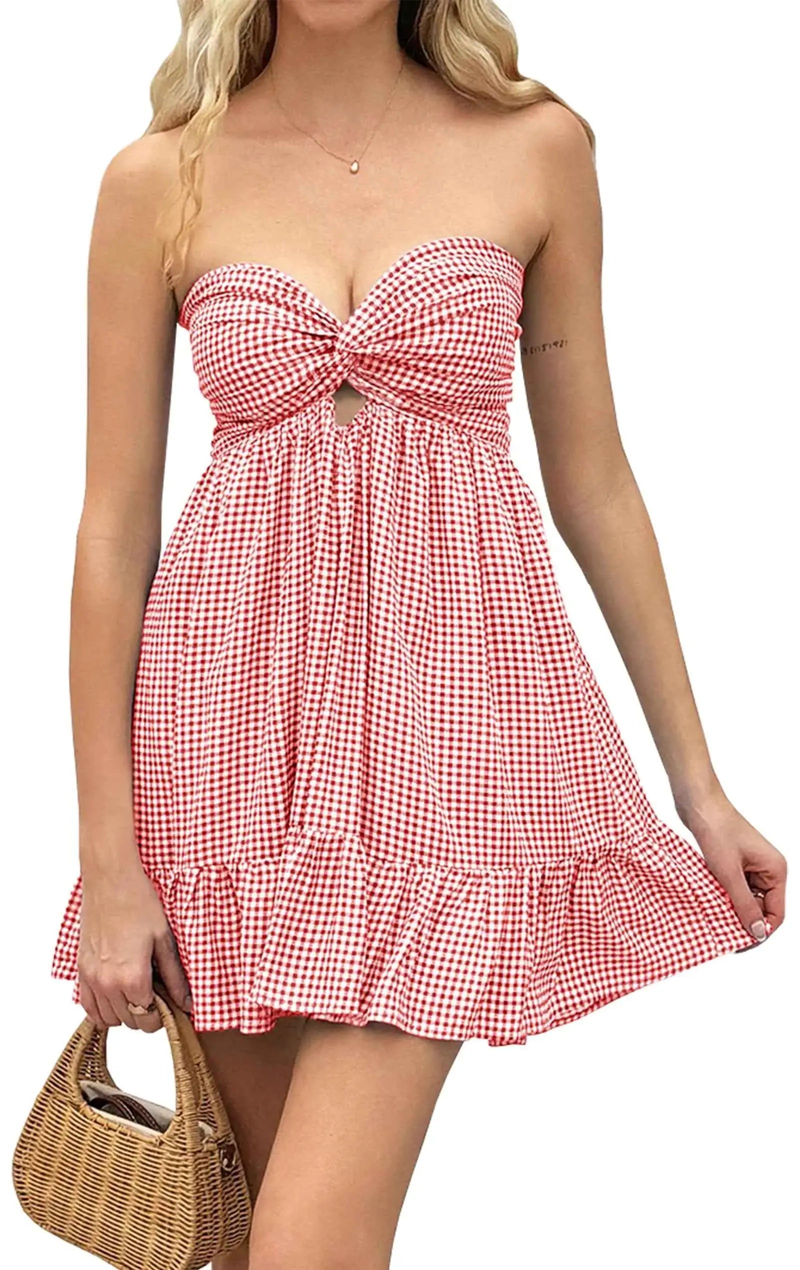 Cantonwalker White Strapless Mini Dress Elasticated Waistband Twist Flowy Mini Dress for Summer 0299 (Red Plaid L)