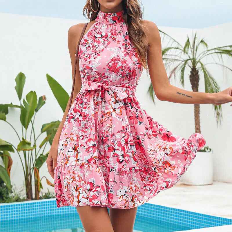 Flowers Print  Dress- Halterneck Summer Fashion Temperament Lace-up Ruffled Dresses For Women