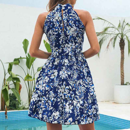Flowers Print  Dress- Halterneck Summer Fashion Temperament Lace-up Ruffled Dresses For Women