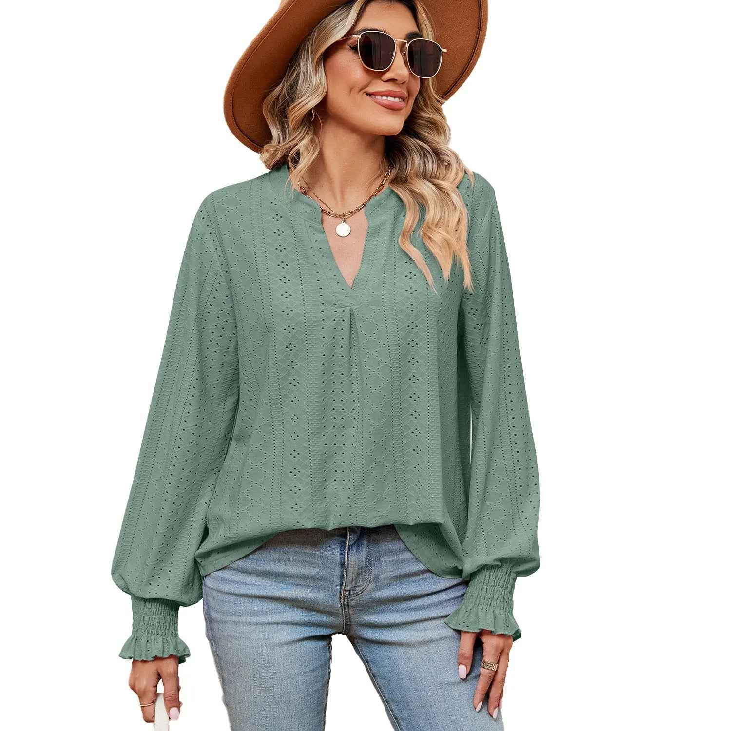 Women's Casual Loose V-Neck Long Sleeve T-Shirt